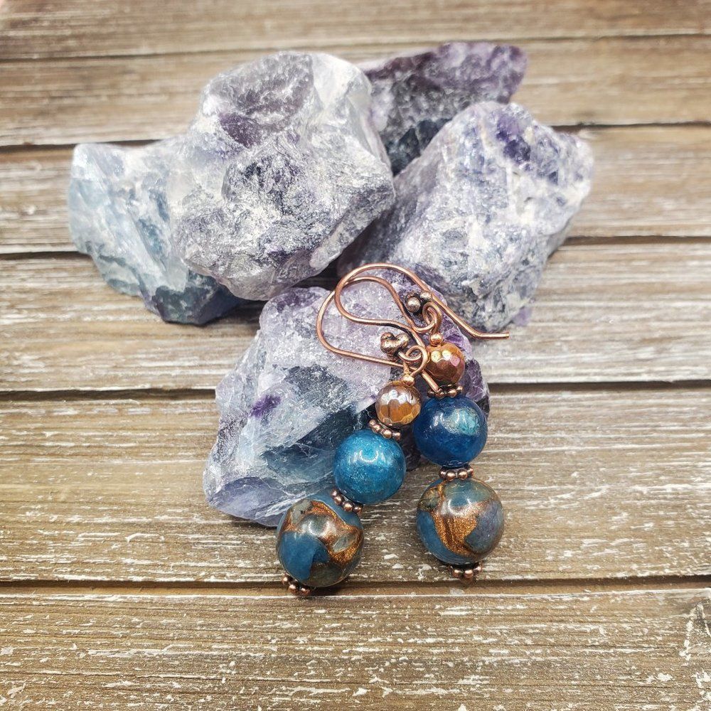 Teal Impression Jasper, Apatite and Tigers' Eye Earrings